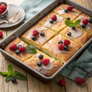Easy kefir sheet cake with vanilla glaze and fresh berries.