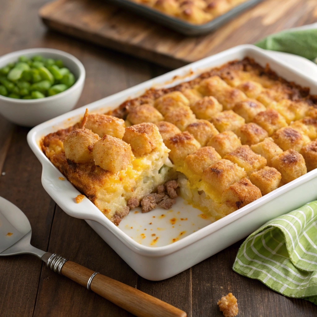 Golden tater tot breakfast casserole with cheese, eggs, and sausage in a baking dish