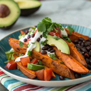 Sweet potato loaded fries with avocado, black beans, tomatoes, and yogurt sauce