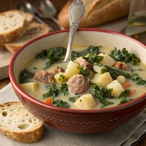 A bowl of creamy soup with cream Italian chicken sausage, potatoes, and kale.