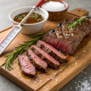 Sliced flat iron steak on a wooden cutting board with rosemary and sea salt