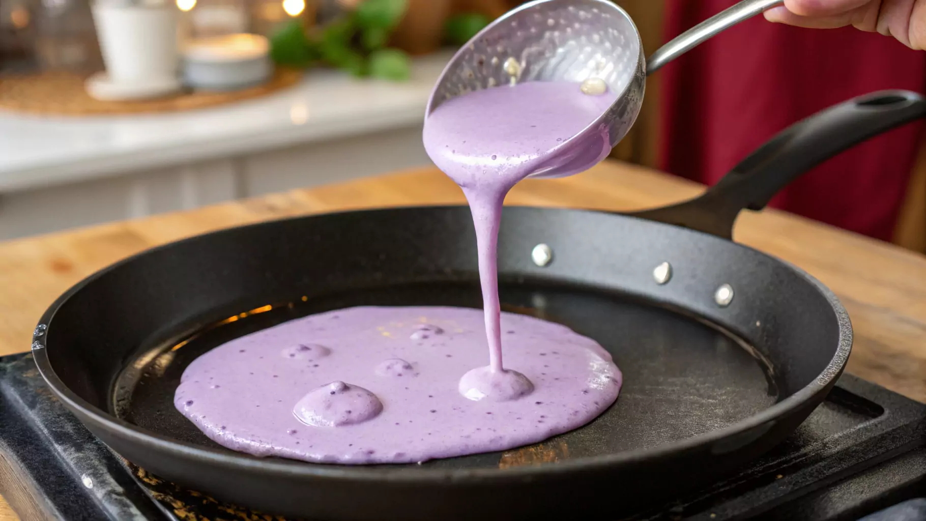 Pouring vibrant purple taro pancake batter onto a heated skillet.