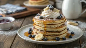 A variety of flavored pancakes including blueberry, chocolate chip, and banana, stacked and garnished with corresponding toppings
