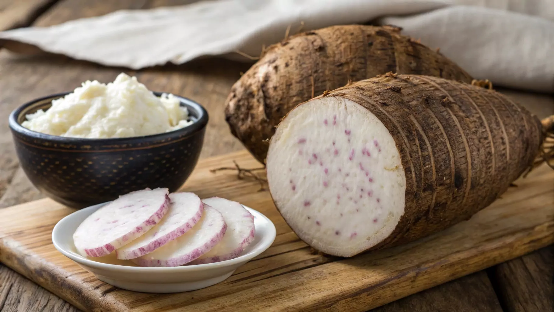 Fresh taro root, sliced open to reveal its white and purple-speckled interior, next to whole taro roots on a wooden surface