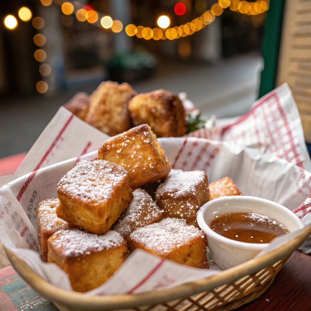 French Toast Bites dusted with powdered sugar, served with syrup in a festive Philadelphia market setting