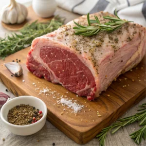 Raw prime rib roast coated with a dry rub of salt, black pepper, garlic powder, and fresh rosemary on a wooden cutting board with herbs and spices nearby