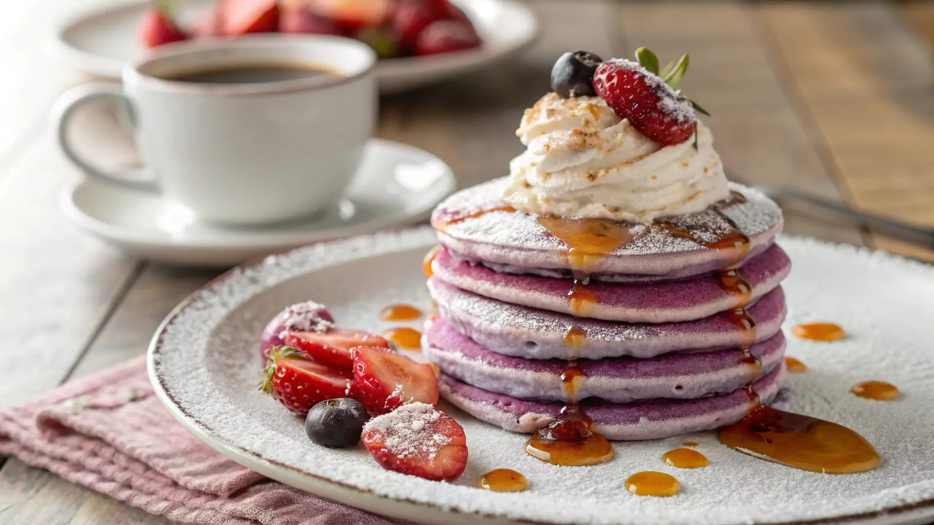 A stack of fluffy taro flavored pancakes with a light purple hue, topped with whipped cream and drizzled with syrup.