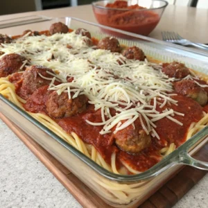 Layering spaghetti, meatballs, and cheese in a baking dish for baked spaghetti and meatballs