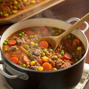 Ground beef browning in a pot with onions and garlic, showing the first step of Busy Day Soup