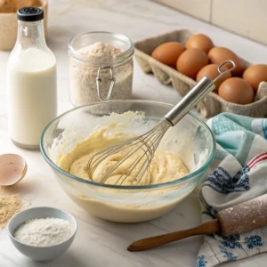 Preparing the batter for an easy kefir sheet cake with kefir and baking ingredients