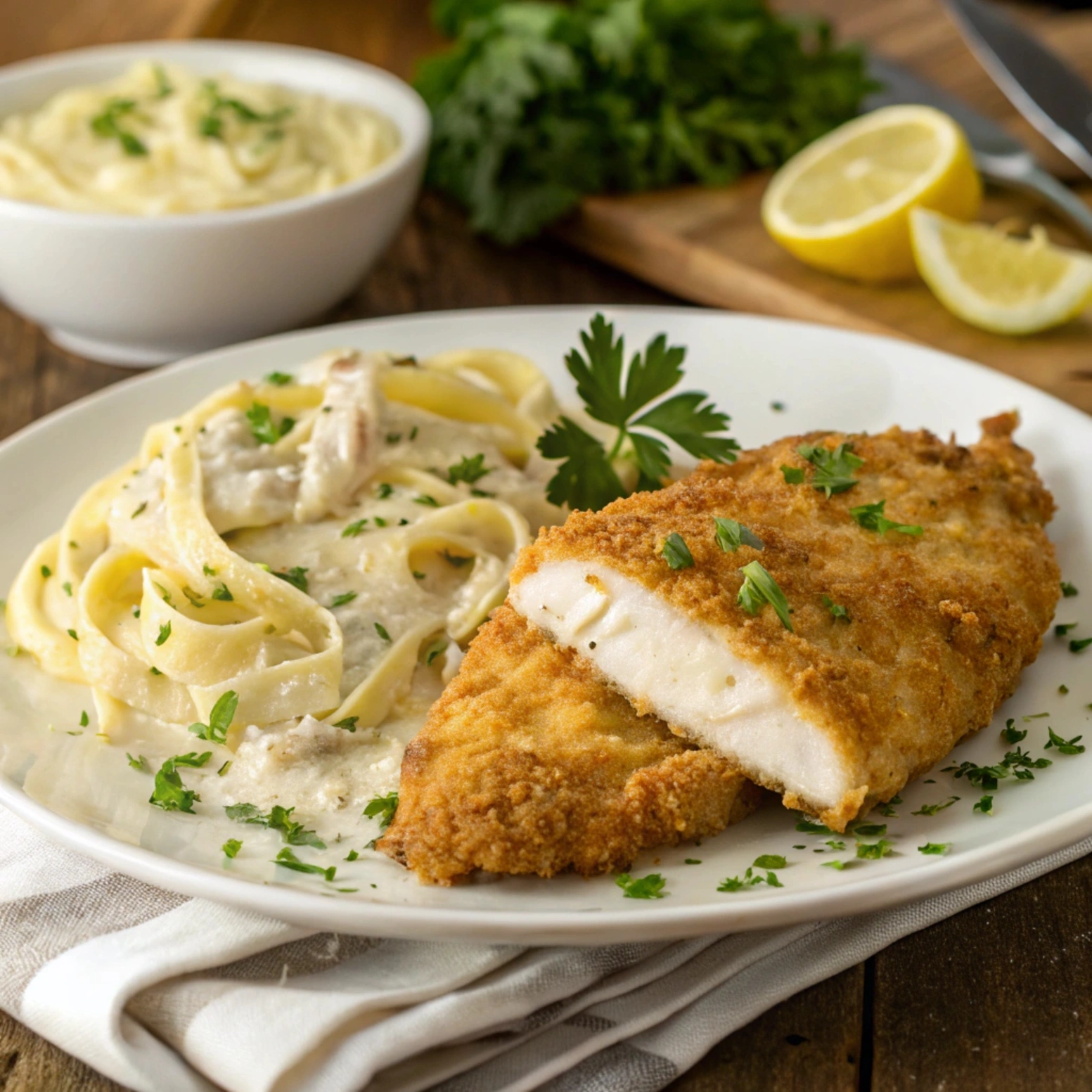 Crispy Chicken Fritta served with Alfredo pasta, lemon wedge, and parsley garnis