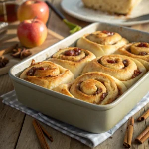 Golden-brown apple cinnamon rolls freshly baked in a pan, with caramelized apples visible