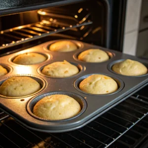 Donut muffins baking in the oven, turning golden and fluffy.