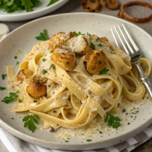 Creamy pasta with lion's mane mushrooms, Parmesan, and parsley on a neutral plate.
