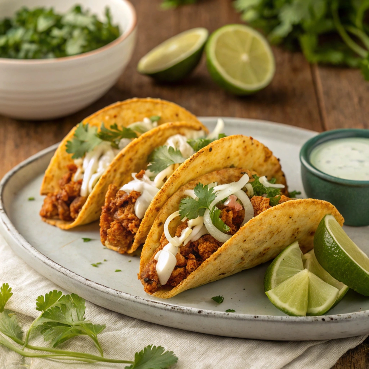 Three chicken keema tacos topped with cheese, jalapeños, and creamy sauce