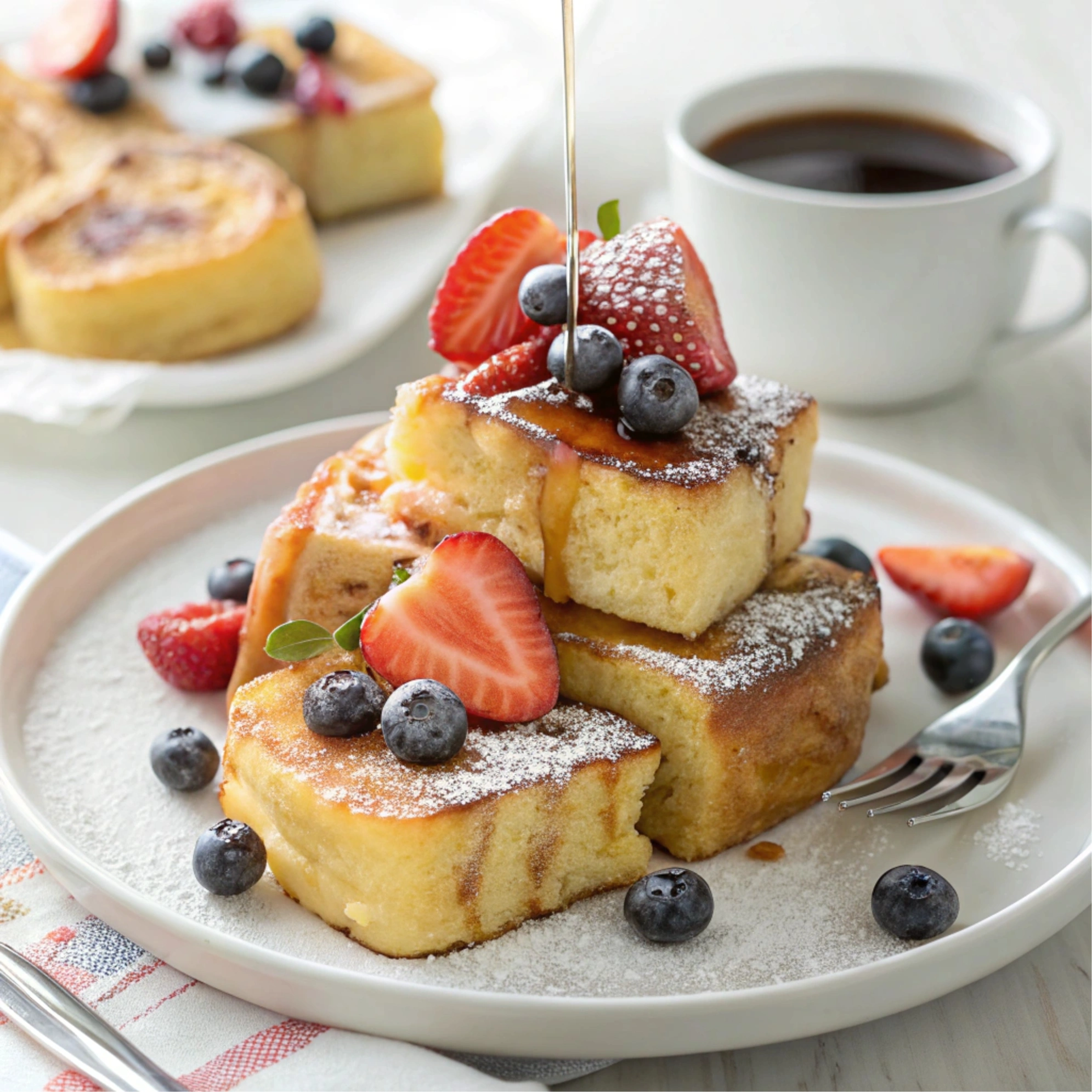 Golden-brown Hawaiian roll French toast stacked with fresh berries, powdered sugar, and maple syrup on a plate.