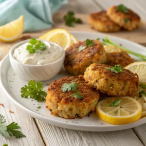 Crispy lion's mane mushroom "crab" cakes served with tartar sauce and lemon wedges.
