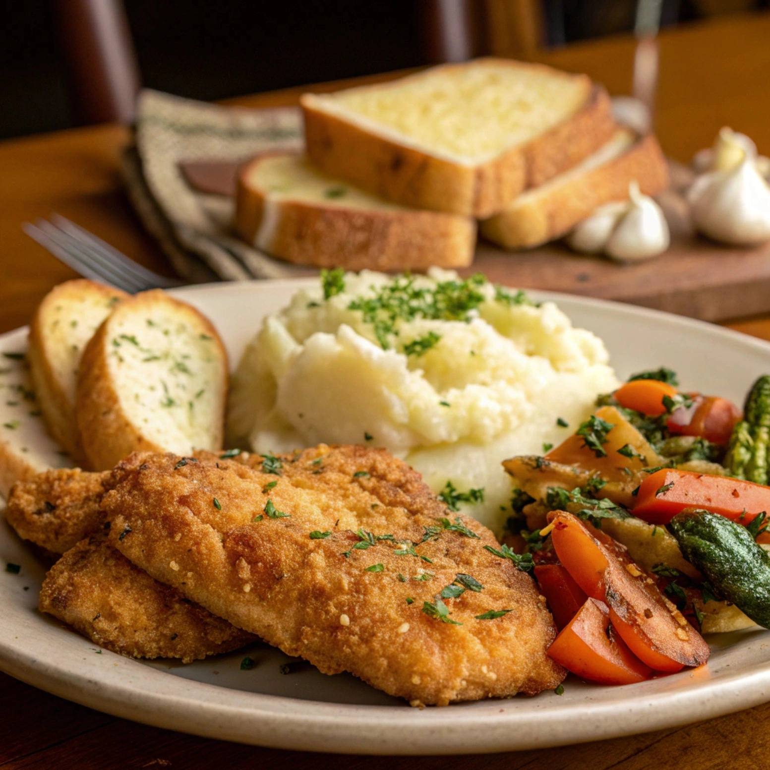 Crispy Chicken Fritta served with garlic mashed potatoes, roasted vegetables, and garlic bread.