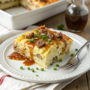 A plated slice of pancake breakfast casserole with maple syrup and green onion garnish