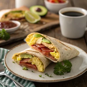 Turkey bacon breakfast wrap with eggs, avocado, and cheese, served with coffee.