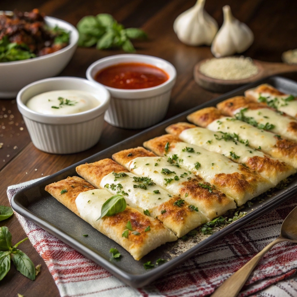 Golden-brown pizza sticks with melted cheese, herbs, and dipping sauces on a rustic wooden table