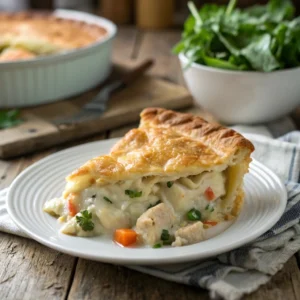 A serving of chicken pot pie casserole with a golden crust, paired with a green salad