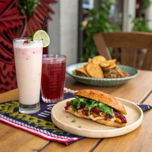 Horchata and hibiscus iced tea served alongside an Oaxacan plantain sandwich on a wooden table