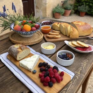 French breakfast with regional variations, including brioche, cheese, fougasse bread, and fresh fruit