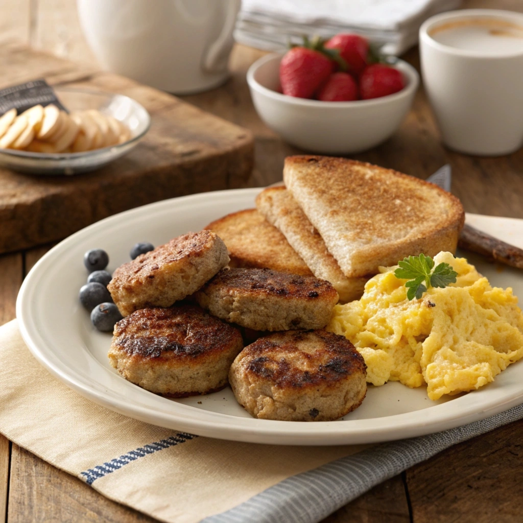 A rustic breakfast plate with chicken breakfast sausage, scrambled eggs, and toast on a wooden table.