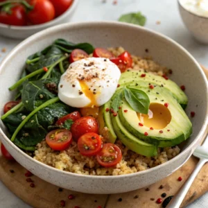 Savory quinoa breakfast bowl with spinach, avocado, cherry tomatoes, and a poached egg