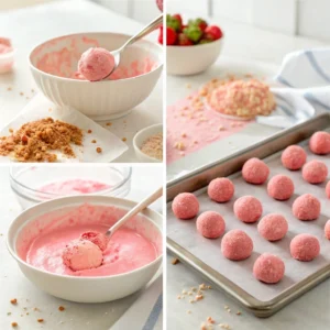 A step-by-step collage showing the process of making strawberry cake pops: crumbled strawberry cake in a bowl, smooth cake balls on a parchment-lined tray, cake balls being dipped into melted pink candy coating, and finished cake pops drying upright with decorations