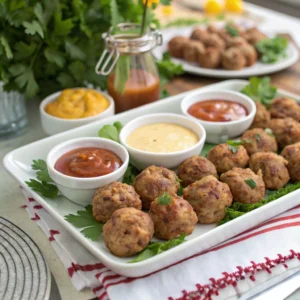 Rotel cream cheese sausage balls served on a platter with dipping sauces and garnished with parsley