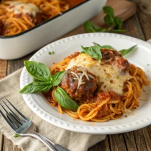 A serving of baked spaghetti and meatballs garnished with fresh basil on a white plate