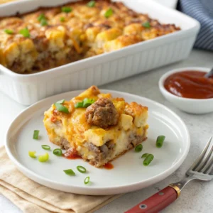 A slice of tater tot breakfast casserole with green onions served on a white plate