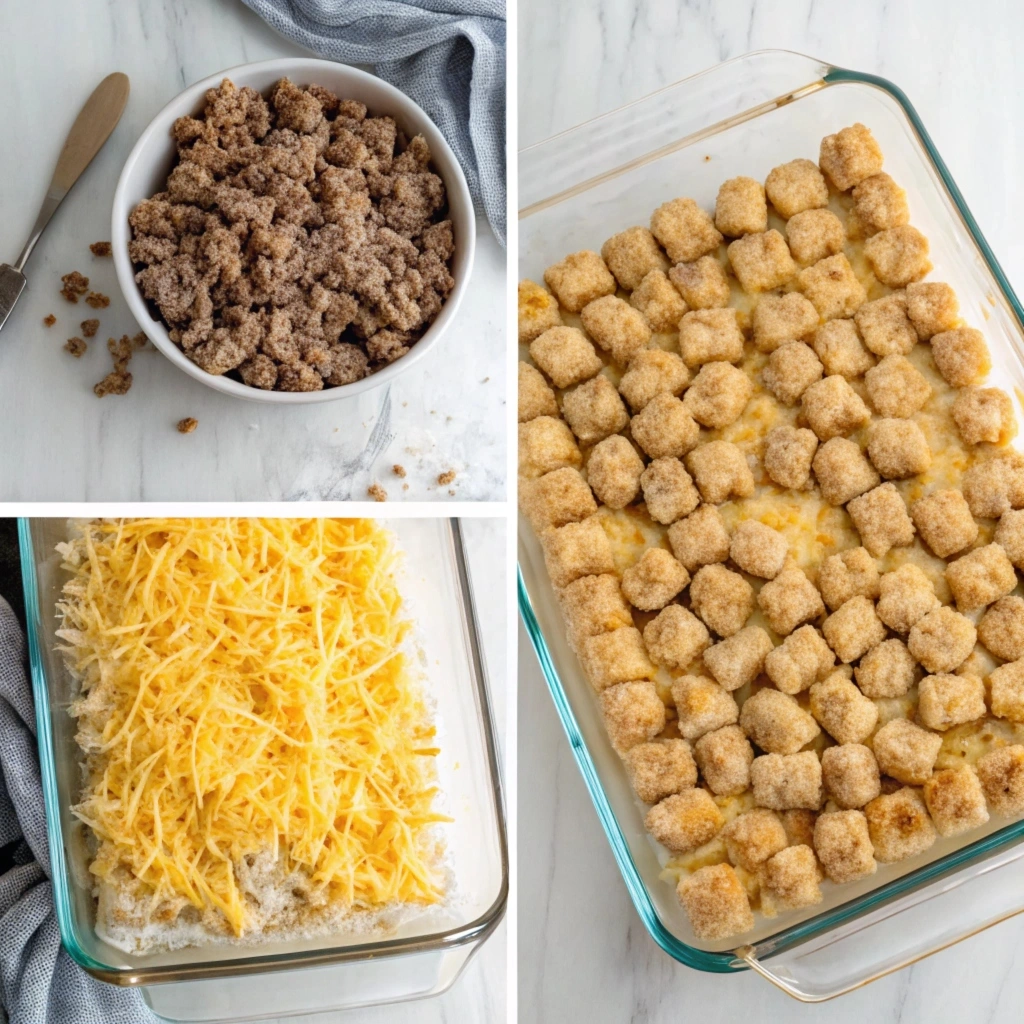 Step-by-step layers of tater tot breakfast casserole: sausage, cheese, and tater tots.