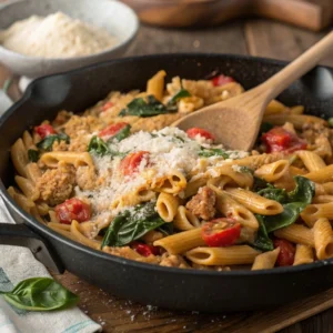 One-skillet cheesy ground chicken pasta with tomatoes, spinach, and melted cheese.