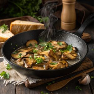 Golden brown sautéed maitake mushrooms in a skillet with butter, garlic, and fresh parsley garnish