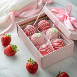 A decorative gift box filled with individually wrapped strawberry cake pops, tied with pink ribbons and surrounded by fresh strawberries for a festive touch