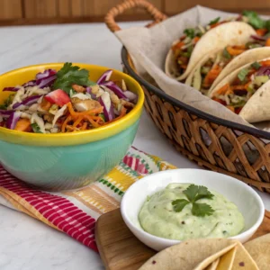 Indian slaw, naan chips, and cilantro-jalapeño sauce paired with chicken keema tacos