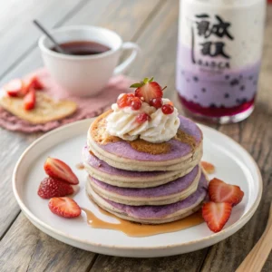 Fluffy pancakes infused with sweet, nutty taro flavor, offering a unique and vibrant twist on a breakfast classic. 