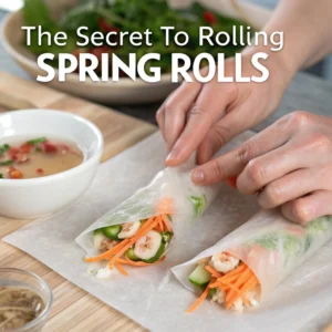 The secret to rolling spring rolls is to soften the wrapper in warm water, layer the filling evenly, and roll tightly but gently. 