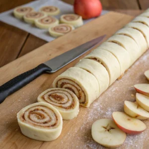 Rolled-out dough covered with caramelized apple pie filling, ready to be rolled into cinnamon rolls