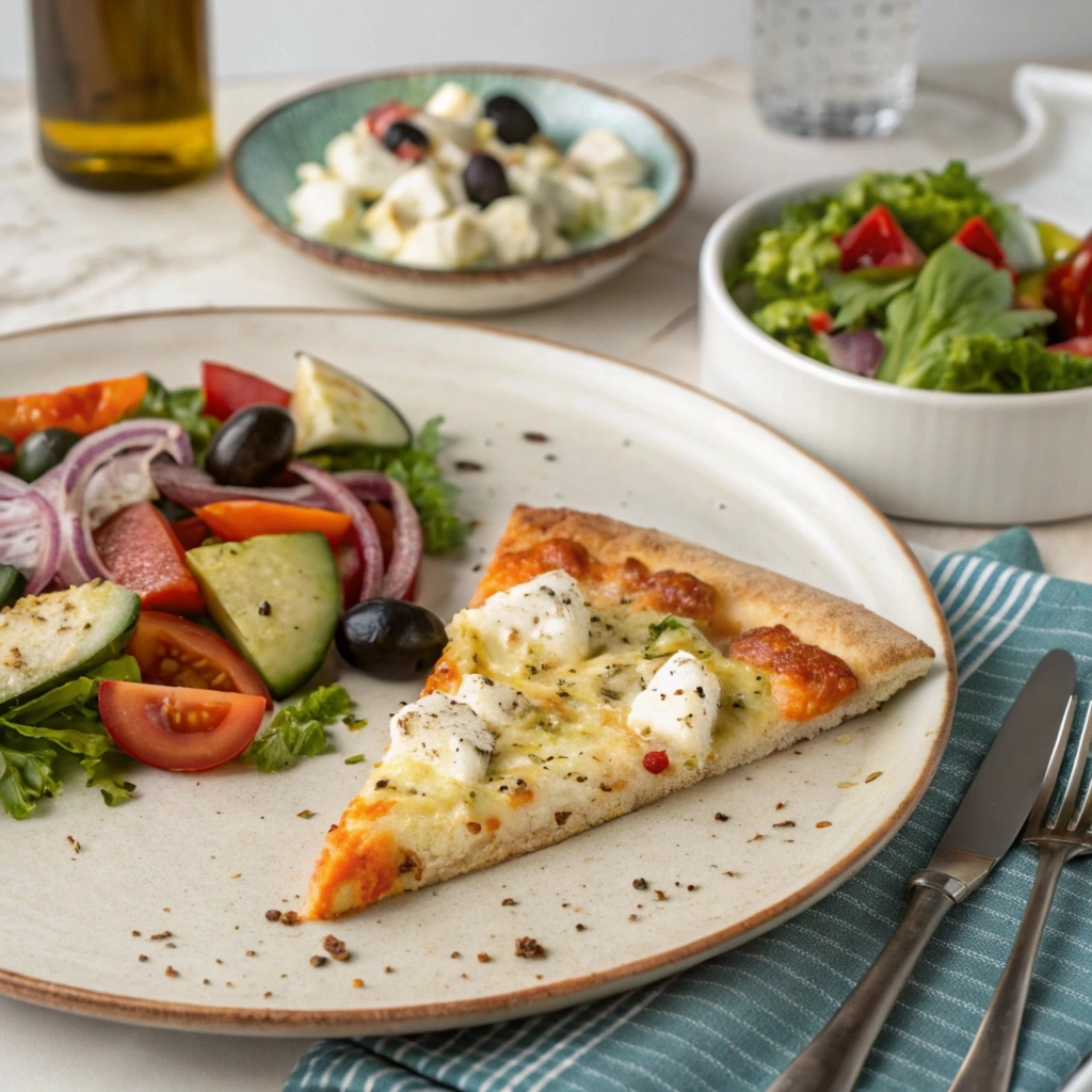 Cottage cheese pizza served with Greek salad, roasted vegetables