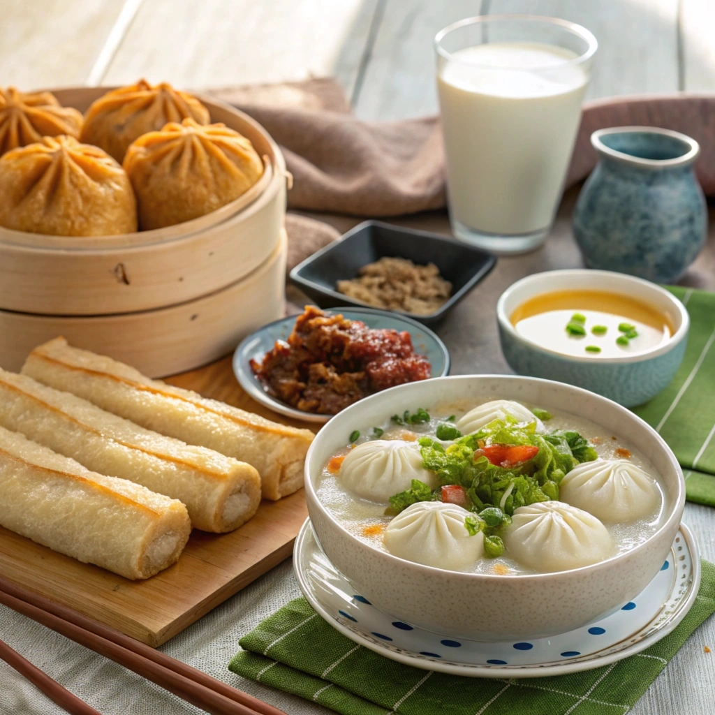 Traditional Chinese breakfast spread with baozi, congee, youtiao, scallion pancakes, and soybean milk