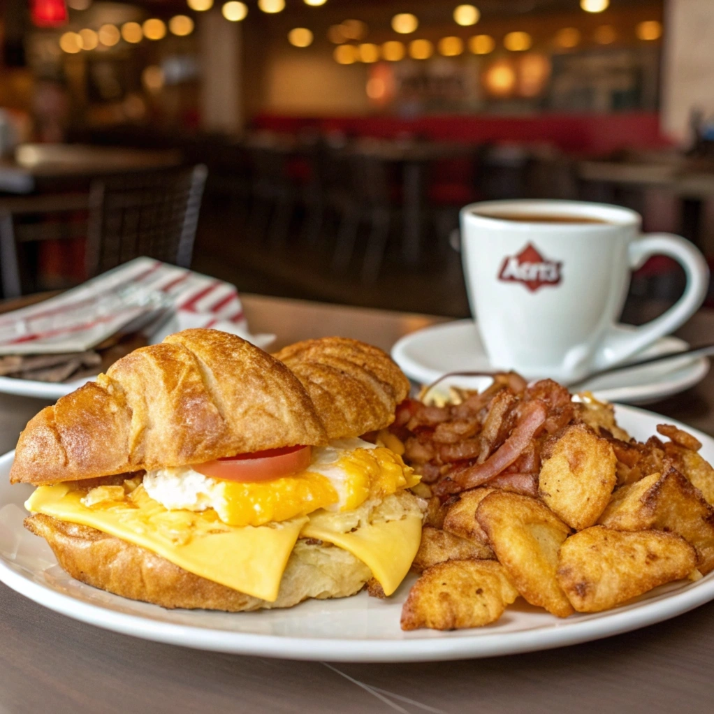 Arby’s breakfast platter featuring a croissant sandwich, hash browns, and coffee on a restaurant table