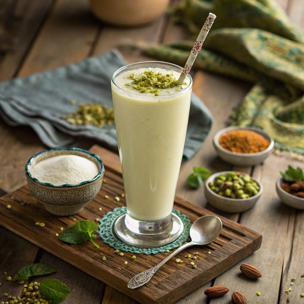 A tall glass of Lassi topped with cardamom and crushed pistachios, surrounded by yogurt, sugar, and spices on a rustic wooden table, representing the refreshing cold yogurt drink