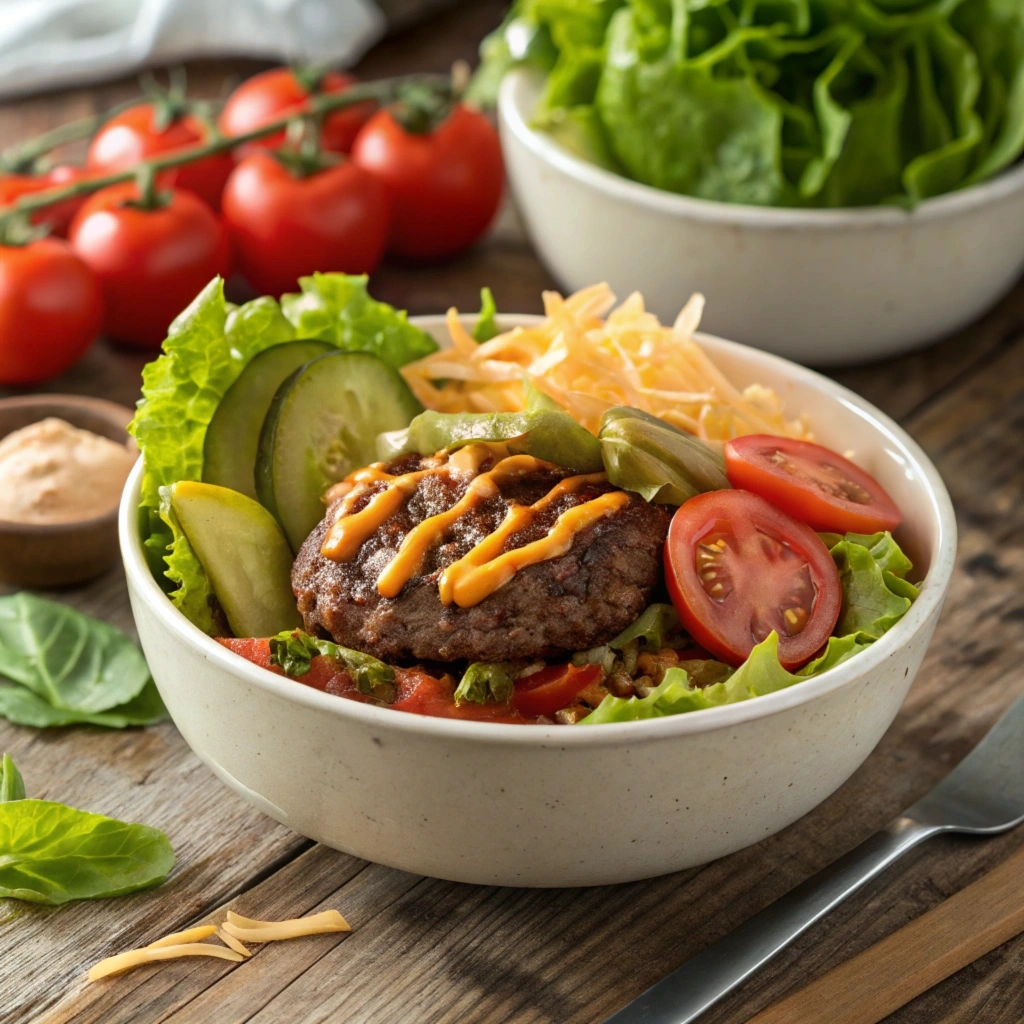 Classic burger bowl with beef patty, lettuce, tomatoes, pickles, cheese, and special sauce.