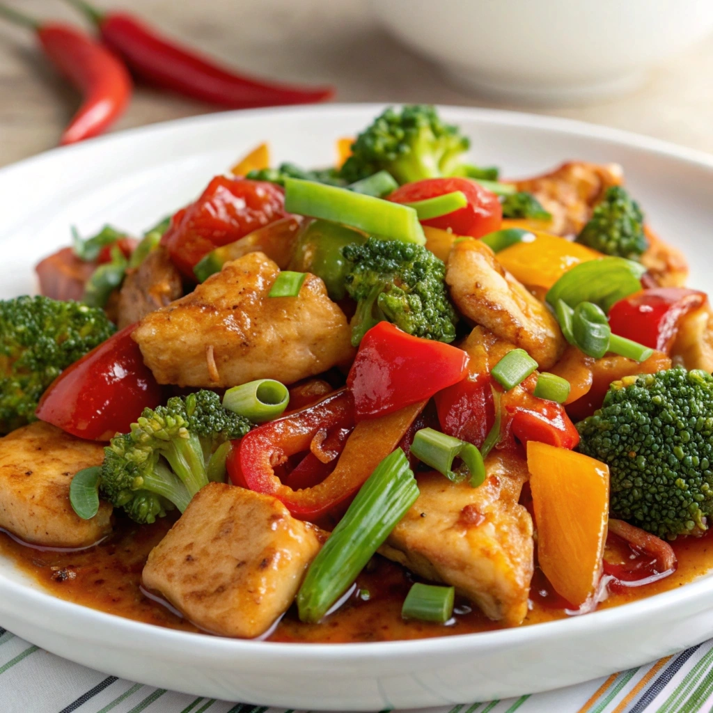 Hunan chicken with colorful vegetables and chili peppers served on a white plate