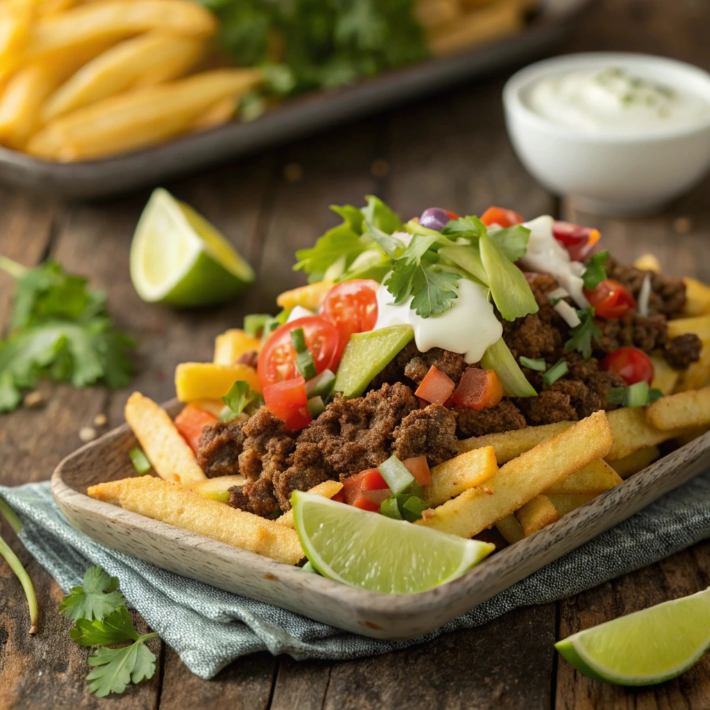 Loaded taco salad fries with ground beef, cheese, lettuce, tomatoes, avocado, and sour cream garnished with cilantro