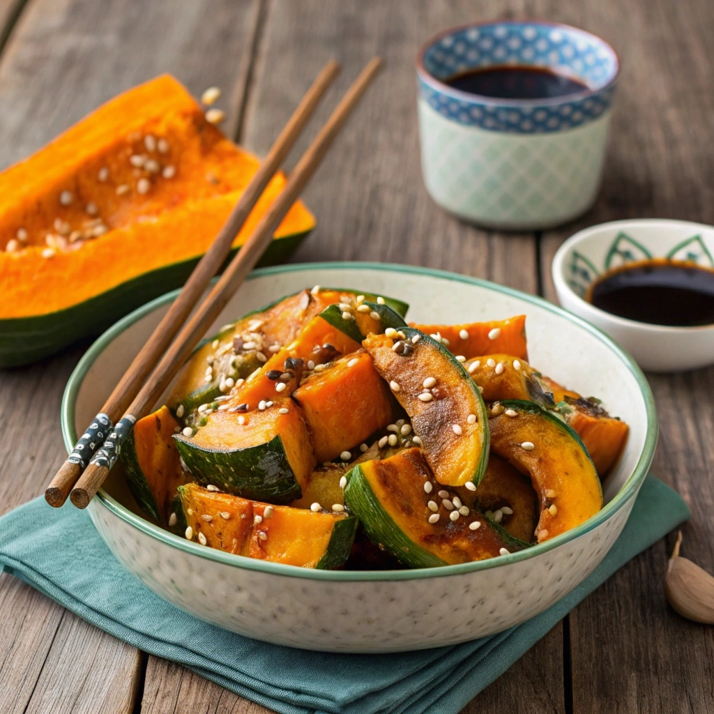 Roasted kabocha squash with soy sauce glaze and sesame seeds